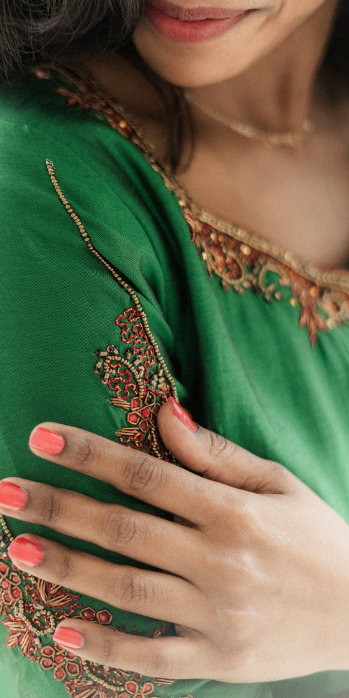 Green With Red Kurti Set