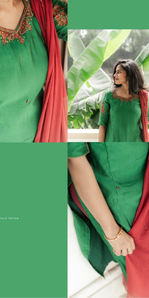 Green With Red Kurti Set