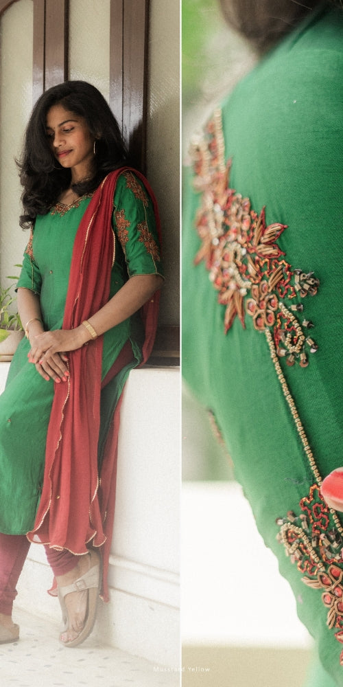 Green With Red Kurti Set