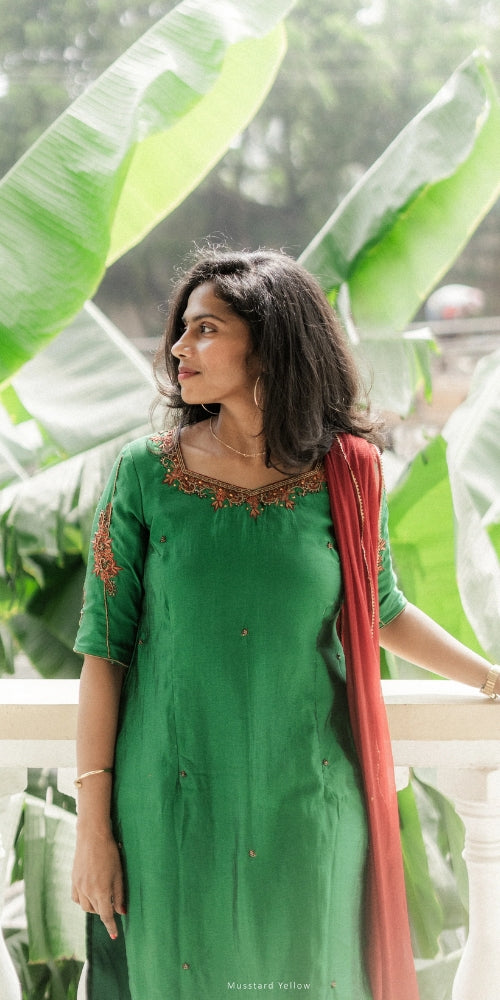 Green With Red Kurti Set