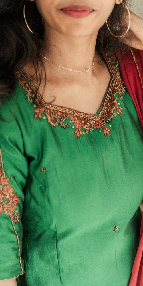 Green With Red Kurti Set